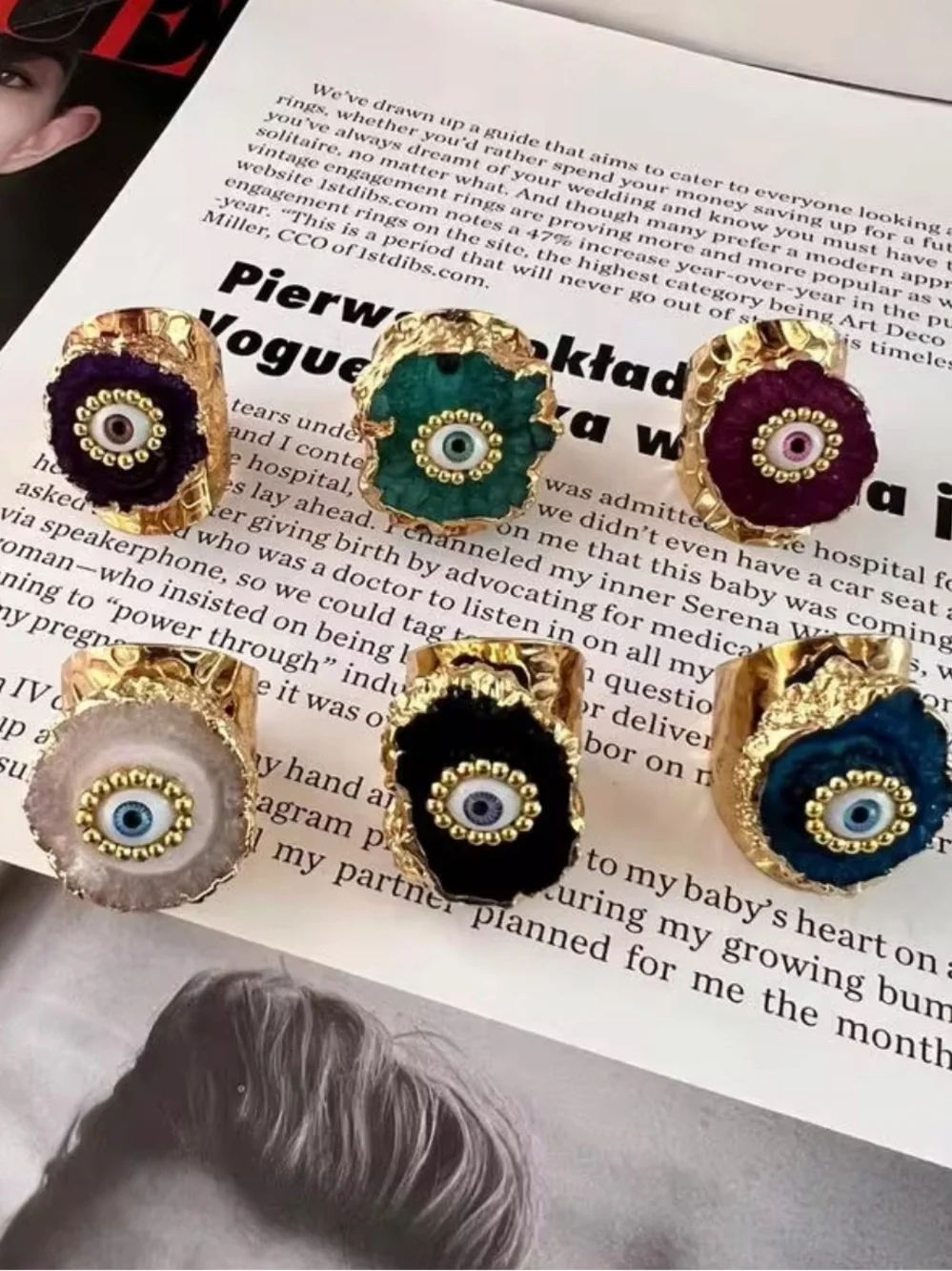 Purple Druzy Geode Evil Eye Ring with Gold Trim Adjustable